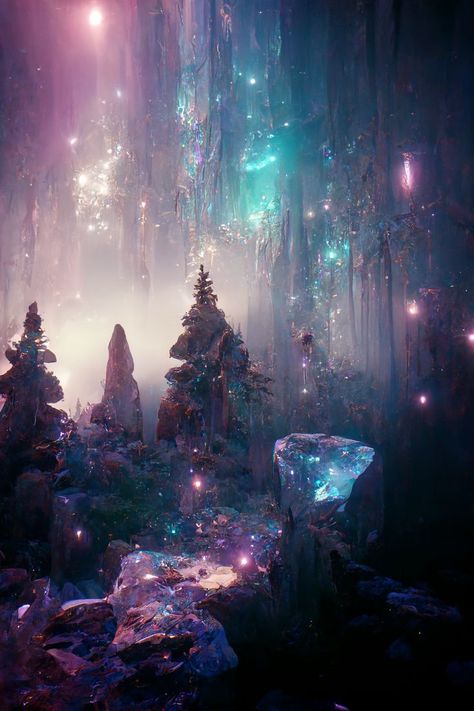 Crystal Forest Aesthetic, Crystal Forest Fantasy Art, Crystal Fantasy Landscape, Light Fantasy Kingdom Aesthetic, Crystal World Fantasy Art, Crystal Kingdom Fantasy Art, Crystal Forest Art, Fairy Kingdom Aesthetic, Space Fantasy Aesthetic