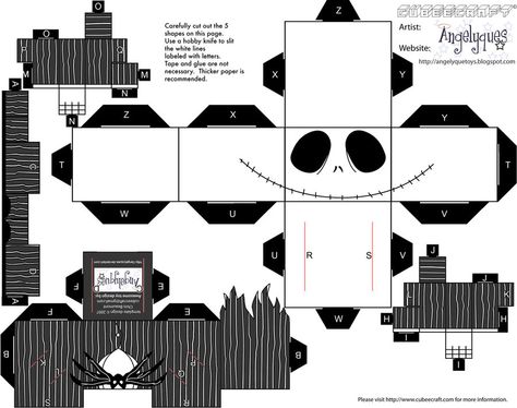 Jack Skellington Template by Rough-Edges.deviantart.com Printable Ornaments, Nightmare Before Christmas Dolls, Cube Craft, Jack Skeleton, Gift Containers, Paper Toys Template, Dark Disney, Karakter Disney, Paper Doll Template