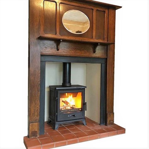 Terracotta Hearth Fireplace, Quarry Tile Hearth, Offset Fireplace, 2023 Fireplace, Wood Stove Fireplace Insert, 1920s Fireplace, Tile Hearth, Wooden Fireplace Surround, Fire Surrounds