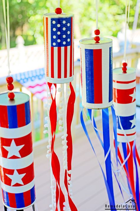 DIY - Patriotic Windsocks Easy Memorial Day Crafts, Memorial Day Crafts For Kids, Fireworks For Kids, Patriotic Suncatcher, Memorial Day Crafts, Windsock Craft, Hose Wreath, Garden Hose Wreath, Memorial Day Activities