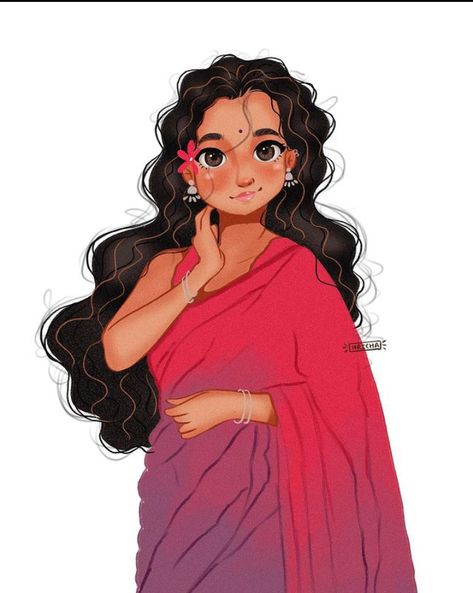 Traditional Indian Girl Cartoon, Curly Hair Cartoon, Hair Pics, Bengali Art, Ceremony Invitation, Indian Illustration, Hair Illustration, Dresses Traditional, Beautiful Art Paintings