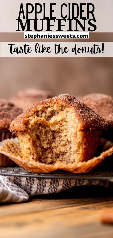 These apple cider muffins are classic apple cider donuts in muffin form! They are perfect if you love fresh donuts made with apple cider, but do not want to use a donut pan or just love muffins! They are topped with apple cider butter and cinnamon sugar. Apple Cider Doughnut Muffins, Apple Cider Baked Donuts With Donut Pan, Apple Cider Scones Recipe, Recipes To Use Up Apple Cider, Cider Recipes Food, Apple Cider Donut Pancakes, Apple Cider Donut Muffins Recipe, Ways To Use Apple Cider, Apple Cider Spices