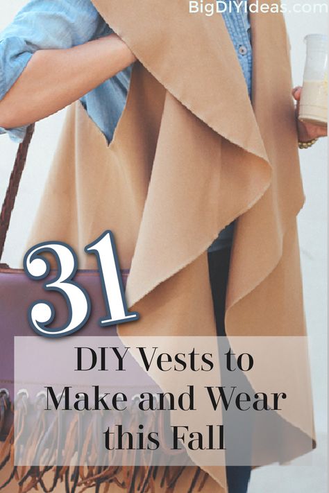 As we enter the fall season, we begin to stack layers onto our clothes in order to keep up with the cooling temperatures. One of the best ways to do that is to add a vest! If you don't have one (or at least, not a large assortment) never fear! Vests are typically a super simple pattern! You can make them with fresh, hand picked fabric or you can upcycle existing material from jeans, a scarf, t-shirt, and more! Give these a try! via @bigdiyideas Diy Leather Vest, Cardigan Pattern Sewing, Long Vest Pattern, Vest Pattern Sewing, Diy Vest, Can Upcycle, Slow Fashion Clothes, Diy Cape, Hoodie Sewing