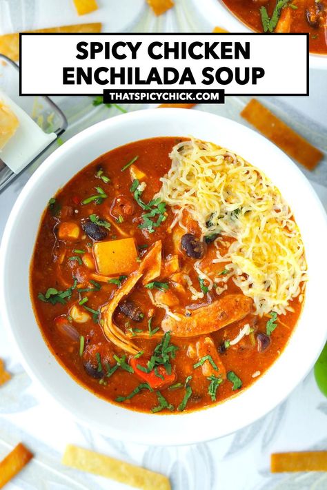 Spicy Enchilada Soup, Spicy Chicken Enchilada Soup, Chicken Enchilada Soup Easy, Enchilada Soup Easy, Smoked Cheddar Cheese, Chicken Enchilada Soup Crock Pot, Spicy Chicken Soup, Mexican Soup Recipes, Mexican Soup Chicken