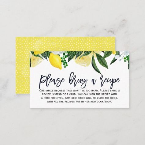 Lemon Floral Bridal Shower Recipe Card Request for $27.40 - Bridal Shower Invitations Tuscany Bridal Shower Theme, Lemon Themed Bridal Shower, Rose Gold Bridal Shower, Lemon Theme, Bridal Shower Recipe, Autumn Bridal, Citrus Wedding, Shower Inserts, Bridal Events