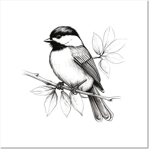 Discover the charm of nature with our Chickadee bird design. This delightful artwork showcases the adorable Chickadee. -- Choose from our vast selection of art prints and posters to match with your desired size to make the perfect print or poster. Pick your favorite: Movies, TV Shows, Art, and so much more! Available in mini, small, medium, large, and extra-large depending on the design. For men, women, and children. Perfect for decoration. Chickadee Drawing Tattoo Ideas, Flying Chickadee Tattoo, Black Capped Chickadee Drawing, Mountain Chickadee Tattoo, Chickadee Tattoo Design, Chickadee Bird Tattoo, Small Birds Drawing, Chickadee Tattoo Simple, Fat Bird Tattoo