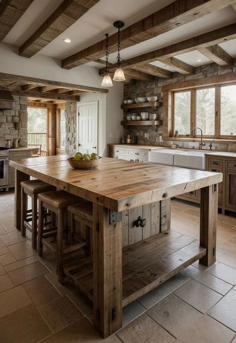 26 Genius Kitchen Island Ideas: Style and Functionality 11 Kitchen Island Ideas Rustic Farmhouse, Cool Kitchen Islands, Large Rustic Kitchen Island With Seating, Large Rustic Kitchen Island, Antique Table As Kitchen Island, Kitchen Island Table Combo Rustic, Island Base Ideas, Dairy Table Island, Antique Island Kitchen