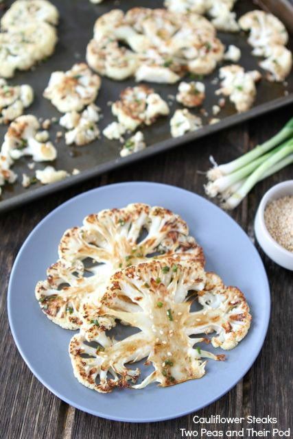 Easy Cauliflower Steaks with Ginger-Soy Sauce on www.twopeasandtheirpod.com Chickpea Avocado Salad, Grill Vegetables, Chickpea Avocado, Cauliflower Steaks Recipes, Recipe Cauliflower, Grilled Vegetable Recipes, Cauliflower Steak, Roasted Cauliflower Steaks, Easy Cauliflower