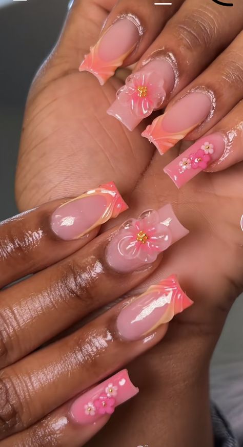 Hawaii Nail Designs Hawaiian Flowers, Beach Nail Designs Vacations, Colorful Vacation Nails, Beach Theme Nails, Spring Nails Colorful, Peach Color Nails, Beautiful Acrylic Nails, Vacay Nails, Overlay Nails