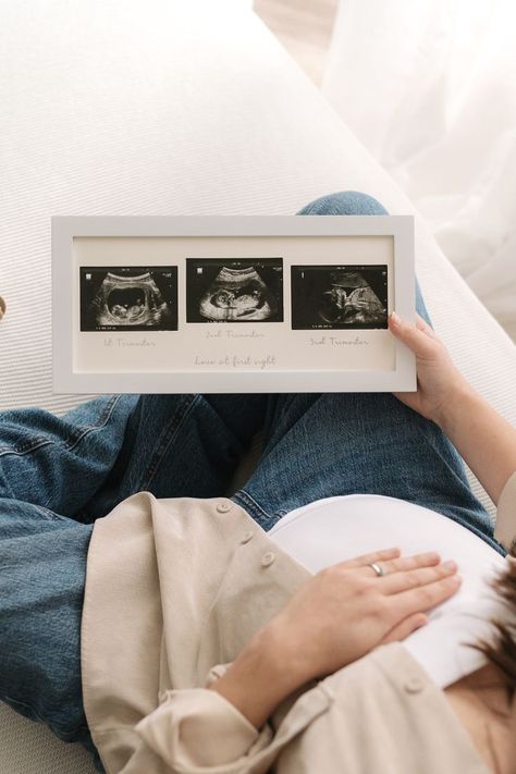 A pregnant mom lovingly holding the KeaBabies Trio Sonogram Frame, showcasing baby ultrasound photos as a cherished keepsake. Ultrasound Keepsake, Baby Sonogram, Baby Ultrasound, Thoughtful Baby Shower Gifts, Pregnancy Journey, Ultrasound, Baby Shower Gift, Photo Frame, Nursery Decor