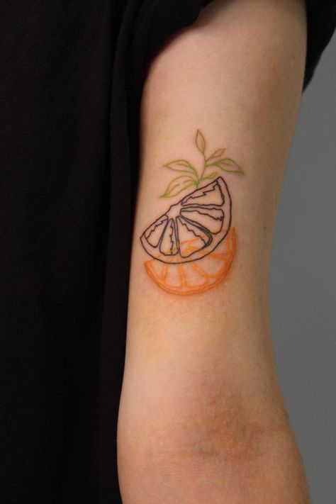 Tajin Tattoo, Beetle Tattoo Colorful, Orange Poem Tattoo, Fruit Salad Tattoo, Orange Line Tattoo, Tattoo Of Orange, Colorful Patchwork Tattoos, Orange Peel Tattoo, Orange Tattoo Ideas