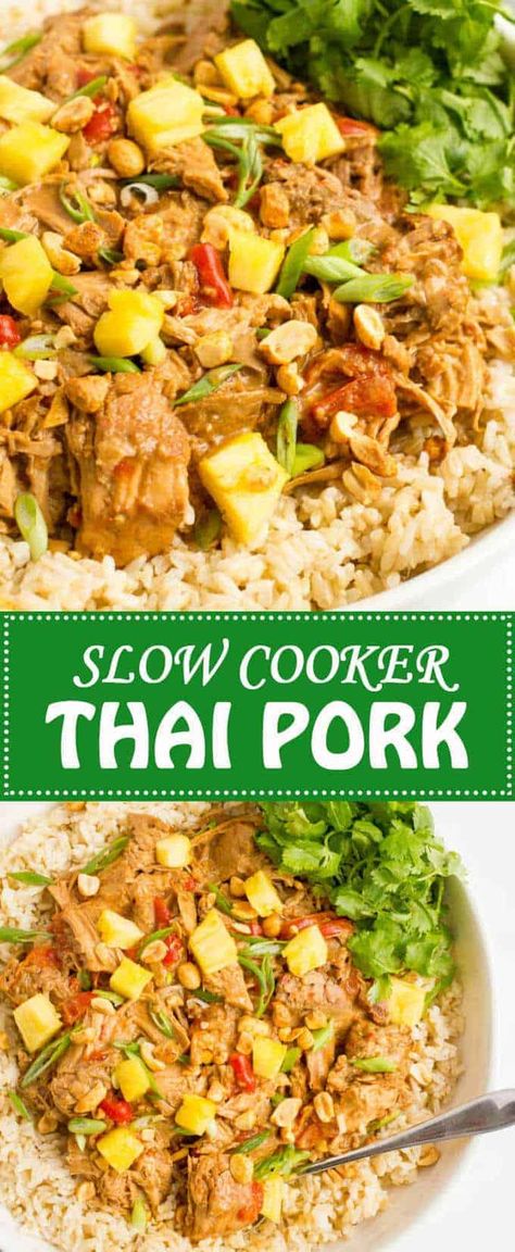 Slow cooker Thai pork takes just a few minutes to prep and comes out with tender chunks of pork and a rich, delicious peanut sauce! Recipes With Pork Chunks, Slow Cooker Thai, Thai Pork, Pork Crockpot Recipes, Thai Foods, Food On The Table, Pot Dinners, Homemade Goodies, Pork Carnitas