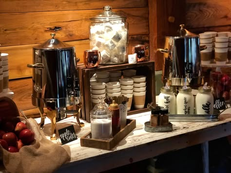 Coffee Bar Ideas For Wedding Receptions, Wedding Cider Bar, Coffee Bar Ideas Party Events, Fall Wedding Coffee Bar, Coffee Bar At Wedding Receptions, Tea And Coffee Station Wedding, Wedding Apple Cider Bar, Wedding Reception Coffee Bar, Fall Drink Station