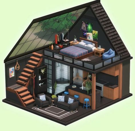 Ts4 Bedroom, Sims 4 Loft, Balcony Ideas House, Loft House Design, Black Loft, Sims 4 House Plans, Sims 4 House Building, Tiny House Inspiration, House Floor Design