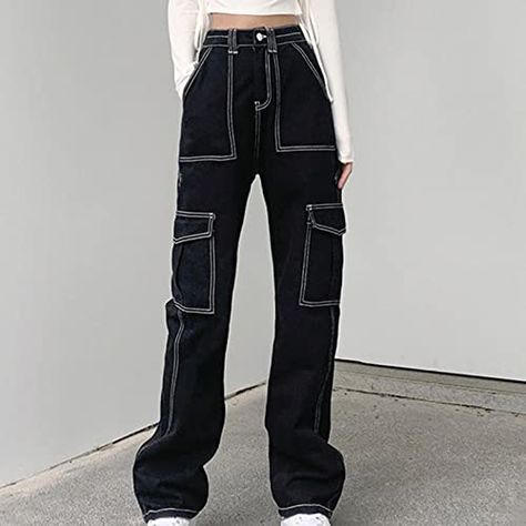 Korean Jeans Style, Black Jeans Trousers Outfit, Six Pocket Pants Outfit Women, Korean Pants For Women, Cargo Pants Korean Outfit, Baggy Jeans Outfit Korean, Korean Cargo Pants Outfit, Korean Fashion Cargo Pants, Jeans Outfit Korean