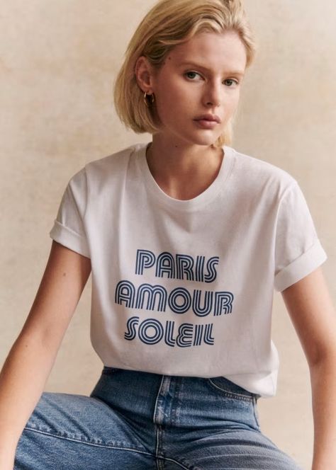 Paris Amour Soleil Tshirt - White / Blue - Organic cotton - organic textile - Sézane T Shirt Trends 2024, Street Style Parisian, Trending Tshirts, Creative Fashion, Tee Design, Parisian Style, White Tshirt, Paris Fashion, White Blue