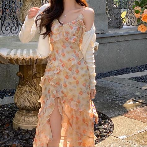 Orange Yellow Floral Dress. Never Worn. Size S Minimalist Design Style, Floral Ruffle Dress, By Any Means Necessary, Model Looks, 2024 Spring Summer, Floral Chiffon Dress, Sling Dress, Dress Elegant, Floral Chiffon