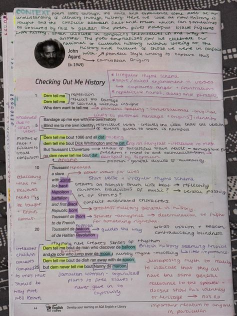 Checking Out Me History Analysis, Checking Out Me History Poem Analysis, Checking Out Me History Annotations, Poem Annotation, English Analysis, Checking Out Me History, Literature Poems, Revision Help, English Gcse Revision