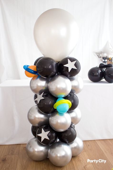 Space Balloon Columns, Balloon Column Ideas, Space Balloons, Twist Balloons, Galaxy Balloons, Space Jam Theme, Birthday Astronaut, Balloon Decoration Ideas, Column Ideas