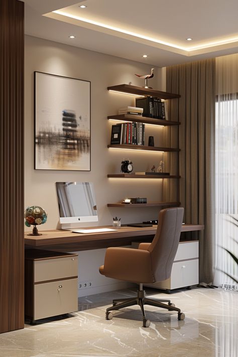 Stylish Home Office Makeover: Sleek Desk & Cozy Accents Small Living Room With Work Space, Home Study Design, Studio In Casa, Stylish Home Office, Guest Bedroom/office, Home Office Makeover, Small Modern Kitchens, Sleek Desk, Modern Apartment Decor