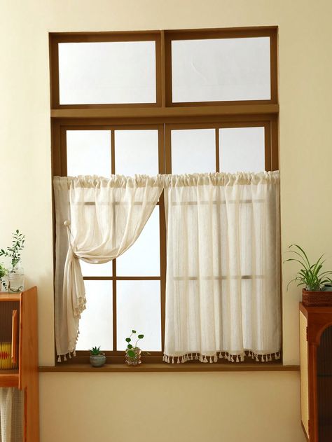 1pc Beige Linen Vertical Striped Small Window Curtain, Bohemian Style Curtain With Tassel Lace For Doors, Windows And Cabinets. Tie-Back Not Included.I discovered amazing products on SHEIN.com, come check them out! Short Curtain, Half Curtains, Tassel Lace, Small Window Curtains, Small Window, Tassel Curtains, Short Curtains, Small Windows, Linen Short