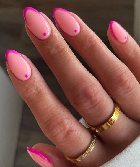 Hot pink French manicure with dot accent Spring Gel Nails French Tip, Pink Nails Pink Tips, Hot Pink Nails Simple, Dark Pink Tip Nails, Hot Pink Biab Nails, Italian Pink Nails, Magenta French Nails, Two Tone Pink French Nails, Pink Tip Gel Nails