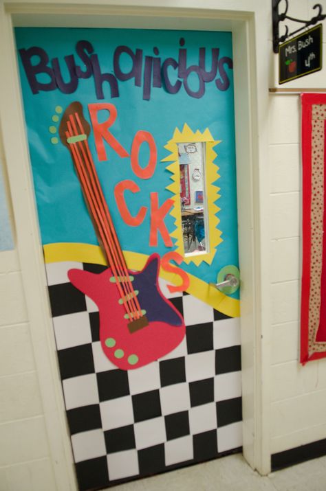 Music Themed Classroom Door, Rock And Roll Door Decorations, Disco Theme Classroom Door, Rock And Roll Classroom Door, Disco Door Decoration, Rock N Roll School Theme, Rock And Roll School Theme, Riverside Door, Rock And Roll Classroom