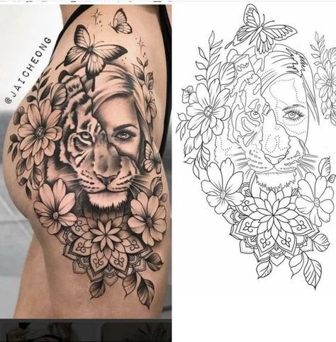 Stencil Tattoos, Arm Tattoos Lettering, Lioness Tattoo Design, Tattoo Sleeve Filler, Chest Tattoo Ideas, Floral Mandala Tattoo, Lioness Tattoo, Hip Thigh Tattoos, Chest Hair