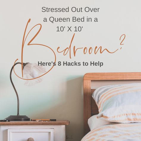 Stressed Out Over a Queen Bed in a 10’ x 10’ Bedroom? Here’s 8 Hacks to Help Queen Bed No Headboard Ideas, Bed No Headboard Ideas, Small Room Queen Bed, No Headboard Bed Ideas, Beds Without Headboards Ideas, Bed Against Wall, Small Room Layouts, Small Bedroom Layout, Bed In Corner