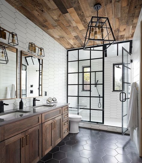 Wood ceiling and floor along with black accents in the white bathroom - Decoist Farmhouse Shower, Bathroom Farmhouse Style, Modern Farmhouse Bathroom, Industrial Farmhouse, House Bathroom, Bathroom Remodel Master, Farmhouse Bathroom, White Bathroom, Bathroom Styling