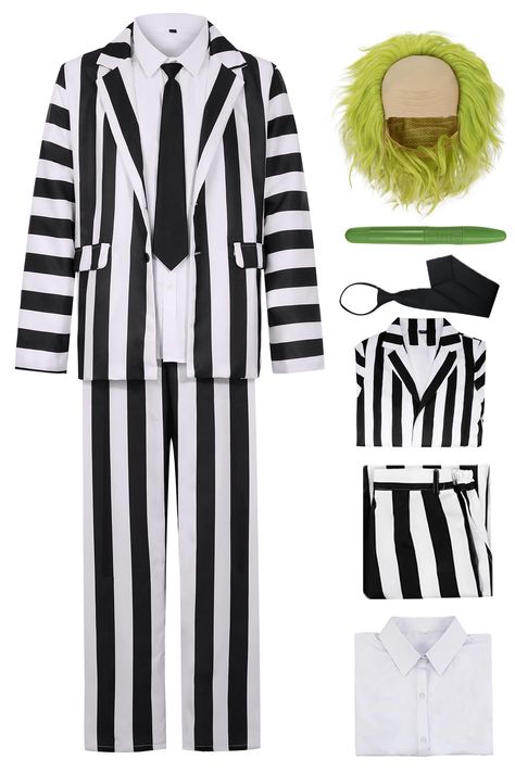 PRICES MAY VARY. 7 Pcs Mens Scary Halloween Costume Set: The set includes 1 black and white striped blazer, 1 striped pants, 1 white shirt, 1 black tie, 1 green wig, 2 face paint marker, perfect for Halloween costumes or role-playing parties Durable Fabric: This striped blazer and pants is made of polyester, with a moderate thickness that is not easily worn out, making it comfortable and soft to wear. Versatile Style: This horror movie costume set is an ideal choice for Halloween, themed party, Beetle Juice Halloween Costumes, Horror Movie Costumes, Character Cosplay, Horror Comedy, Striped Suit, Scary Halloween Costume, Green Wig, Scary Halloween Costumes, Costume Set