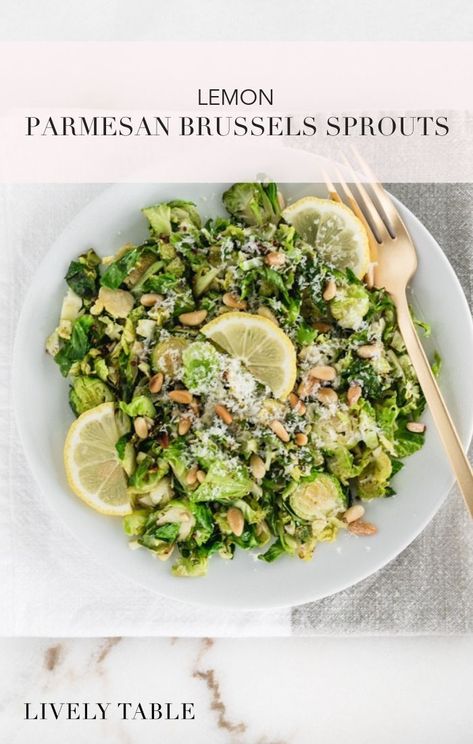 This warm, lemony brussels sprout salad with parmesan, capers, and pine nuts is a bright, delicious side dish that is perfect for spring or Easter! #vegetarian #glutenfree #lemon #parmesan #brusselssprouts #salad #healthy #easy #simple #sidedish #meal Warm Salads, Shaved Brussel Sprout Salad, Shaved Brussel Sprouts, Brussels Sprout Salad, Yummy Vegetable Recipes, Parmesan Salad, Lunch Sides, Sprout Salad, Sprouts Recipe