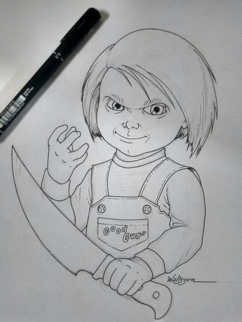 Chucky Doodle, How To Draw Chucky, Chucky Drawing Pencil, Chucky Painting Canvas, Horror Drawing Ideas Easy, Dope Sketches Easy, Chucky Drawing Easy, Horror Drawings Easy, Stranger Things Sketches