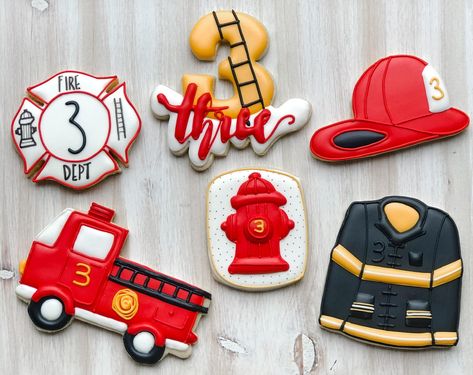 Firefighter Fourth Birthday, Firefighter Birthday Cookies, Fire Truck Cookies Decorated, Firefighter Third Birthday, Firefighter Cake Ideas Kids, Firefighter Themed Birthday Party, Fire Truck Cookies, Fire Fighter Birthday Theme, Fire Truck Birthday Cookies