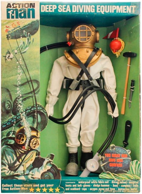 Action Man Deep Sea Diver Diver Outfit, Diver Suit, Childhood Memories 60's, Suit Drawing, Vintage Toys 1960s, Outfit Drawing, 1960s Toys, 70s Toys, 1970s Childhood