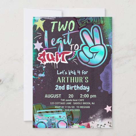 Two Legit To Quit Birthday, Twins Second Birthday, 90s Hip Hop Party, Hip Hop Birthday Party, Hip Hop Birthday, 2nd Bday Ideas, 2 Fingers, Colorful Invitations, 2nd Birthday Invitations