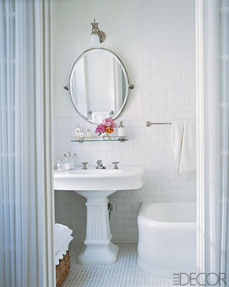 Love the mirror/shelf combo. Bathroom Pedestal Sink Ideas, Pedestal Sink Bathroom Ideas, Shelf Above Sink, Shelf Over Sink, Pedestal Sink Ideas, Basketweave Tile Floor, Beveled Subway Tile Backsplash, Pedestal Sink Storage, Pedestal Sink Bathroom