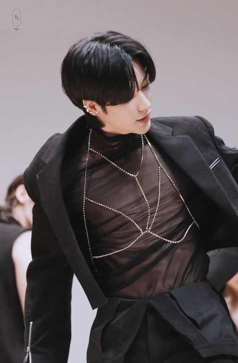 Male Lace Outfit, Leather Harness Outfit Men, Men Glam Outfit, Revealing Outfit Men, Male Kpop Fashion, Hot Male Outfits Aesthetic, Idol Outfit Male, Men In Lingeniere, Sheer Shirt Men