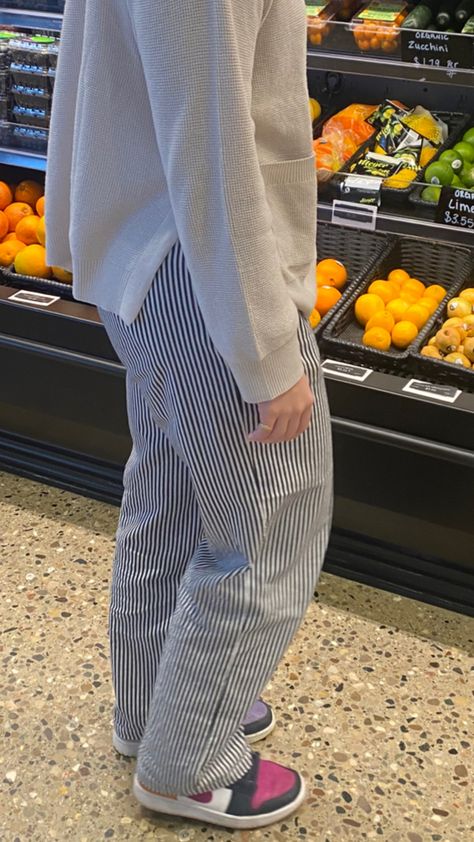 market stripe pants Blue Stripped Pants Outfit Women, Striped Carpenter Pants Outfit, Blue And White Striped Jeans Outfit, Stripped Pants Women, Blue Striped Jeans Outfit, Railroad Stripe Pants Outfit, Blue Stripe Trousers Outfit, Linen Pants Striped, Stripy Trousers Outfit