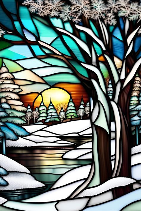 Faux stained glass image of snowy winter scenery Four Seasons Stained Glass Patterns, Stained Glass Winter Scenes, Winter Stained Glass Ideas, Winter Stained Glass Patterns, Library Windows, Stained Glass Winter, Stained Glass Landscape, Winter Library, Christmas Chalk