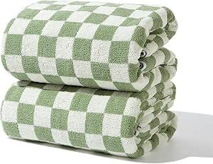 Indulge in Luxury with Checkered Bath Towels - 100% Cotton, Super Soft & Absorbent, Fade-Resistant, Cozy, and Perfect for Gifting (2 Towels) (Green)