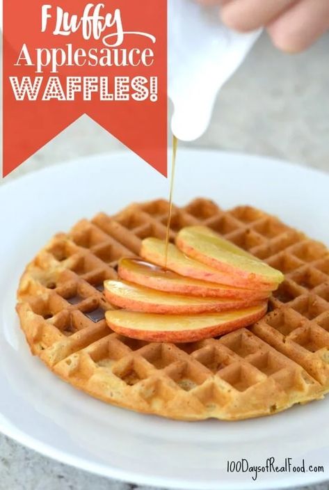 Waffle Recipe - Fluffy Applesauce Waffles from 100 Days of Real Food Applesauce Waffles, Whole Wheat Waffles, Belgian Waffles Recipe, 100 Days Of Real Food, Waffle Iron Recipes, Waffles Recipe, Waffle Recipe, Clean Eating Breakfast, Apple Sauce