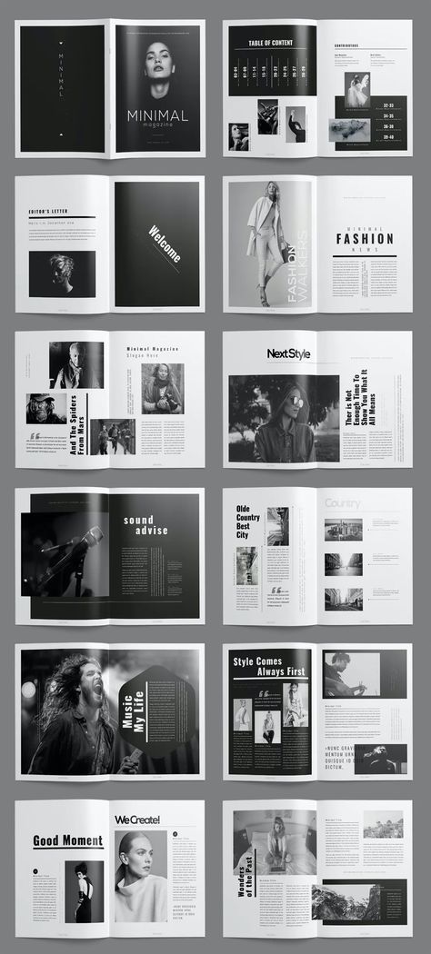 Minimal Magazine Template InDesign INDD & IDML. 42 Custom Pages Graphic Layout Ideas, Magazine Layout Design Black And White, Classic Magazine Layout, Magazine Design Template, Fashion Magazine Page Layout, Graphic Magazine Cover, Indesign Magazine Template Layout Design, Photo Magazine Layout Design, Minimal Magazine Layout