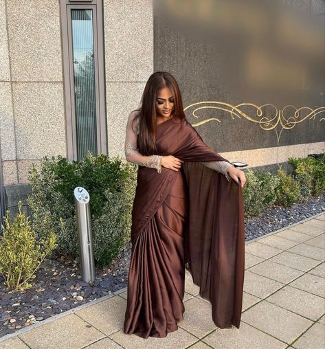 Brown Georgette Saree, Brown Saree For Farewell, Satin Saree For Farewell, Dark Colour Saree For Farewell, Wine Colour Saree For Farewell, Coffee Brown Saree Combination Blouse, Brown Saree Look, Brown Saree Blouse, Brown Satin Saree