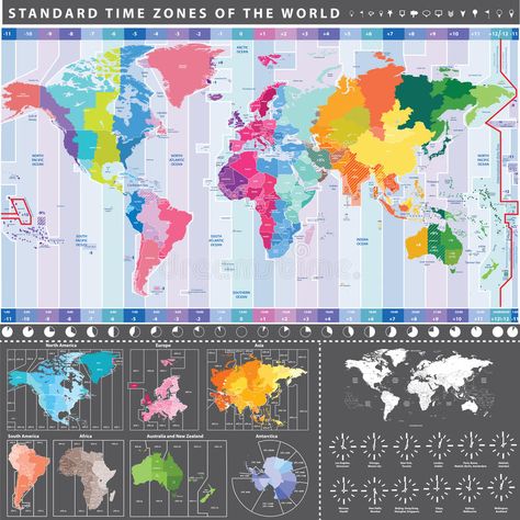 Standard time zones of the world map with continents separately stock illustration Time Zones Map, World Map With Continents, Accurate World Map, Full World Map, World Map Illustration, Blank World Map, World Geography Map, World Map Continents, Time Zone Map