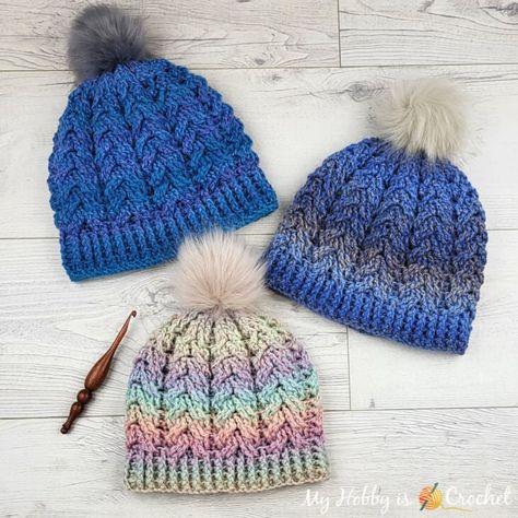 Visit My Hobby is Crochet for the free pattern to make a gorgeous Dreamy Cable Hat. Crochet Celtic Weave Hat, Free Crochet Beanie Pattern, Stocking Hats, Mens Crochet, Texture Crochet, Verse Bracelet, Cabled Hat Pattern, Yarn Creations, Double Crochet Decrease