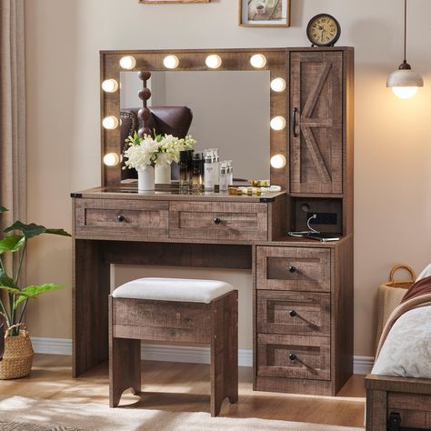 PRICES MAY VARY. 【Eye-Catching Farmhouse Impress】Crafted from engineered wood, it showcases a classical silhouette and delicate farmhouse look with natural weathered finish for an infinite fascination. Considering practicality, this vanity desk also features a large lighted mirror, 2 visible drawers and a 3-drawer chest for all your makeup and storage needs 【Hollywood Lighted Mirror】There are 10 LED bulbs with 3 color modes on the mirror, touch the switch to change the lighting color easily. You Homemade Vanity Ideas Bedroom, Homemade Vanity Ideas, Vanity Mirror Ideas Bedrooms, Farmhouse Vanity Makeup, Unique Vanity Ideas, Wood Vanity Bedroom, Bedroom Light Brown, Western Vanity, Homemade Vanity