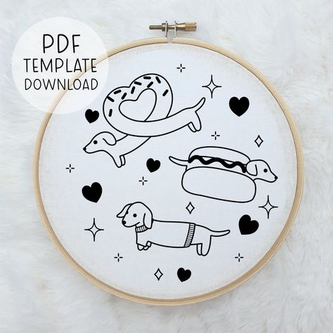 Sausage Dog Dachshund DIY Embroidery Pattern Template PDF DOWNLOAD. Quirky modern animal embroideries wall art. Weenie Dog Embroidery, Dachshund Embroidery, Embroidery Dog, Animal Embroidery Patterns, Animals Embroidery, Dog Embroidery Designs, Embroidery Wall Art, Pattern Template, Diy Embroidery Patterns