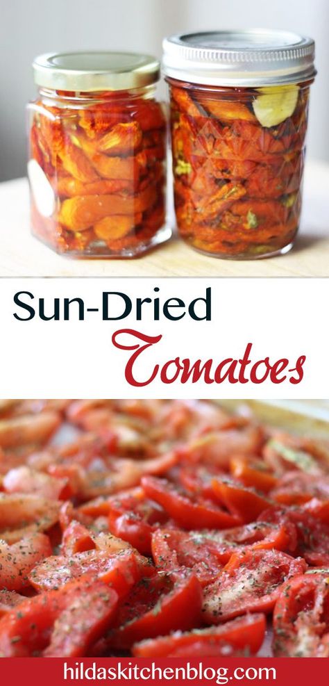 Sun-Dried Tomatoes, a great way to use up those extra tomatoes in your garden! #sundriedtomatoes #tomatoes #canning Homemade Sun Dried Tomatoes, Sun Dried Tomatoes In Oil, Dried Tomatoes In Oil, Tomatoes In Oil, Dehydrated Food, Sun Dried Tomatoes, Dehydrator Recipes, Tomato Recipes, Dried Tomatoes