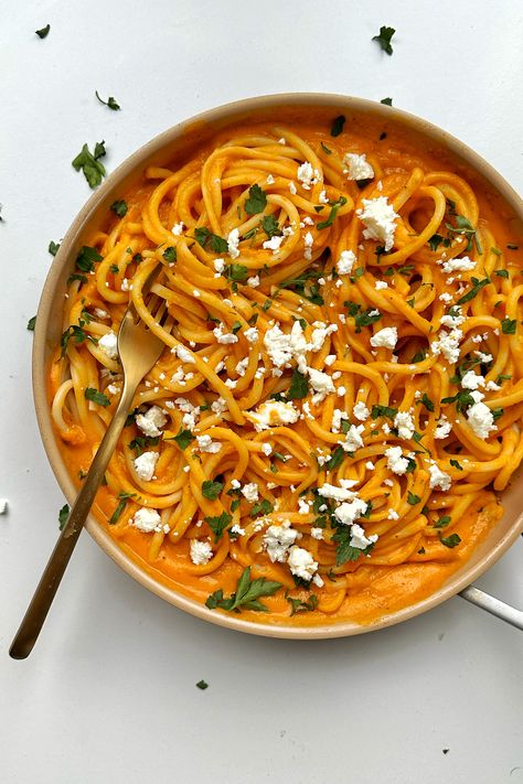 The BEST Sweet Potato Pasta Sauce | Myriad Recipes Sweet Potato And Pasta, Pasta With Sweet Potato, Sweet Potato Spaghetti, Sweet Potato Pasta Recipe, Sweet Potato Pasta Sauce, Sweet Potato Sauce, Sweet Potato Pasta, Best Sweet Potato, Luteal Phase